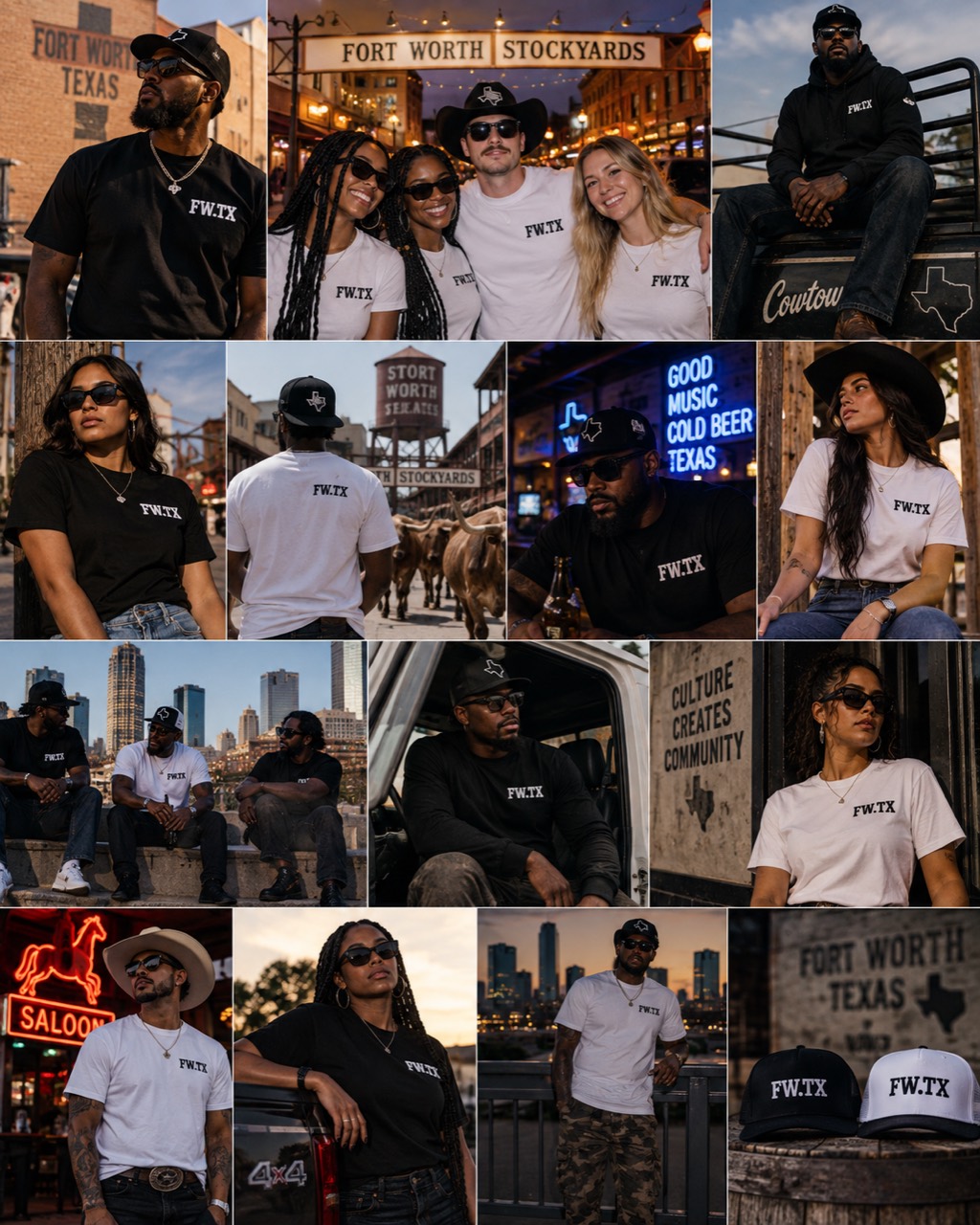 FW.TX merchandise collection photographed in Fort Worth, Texas