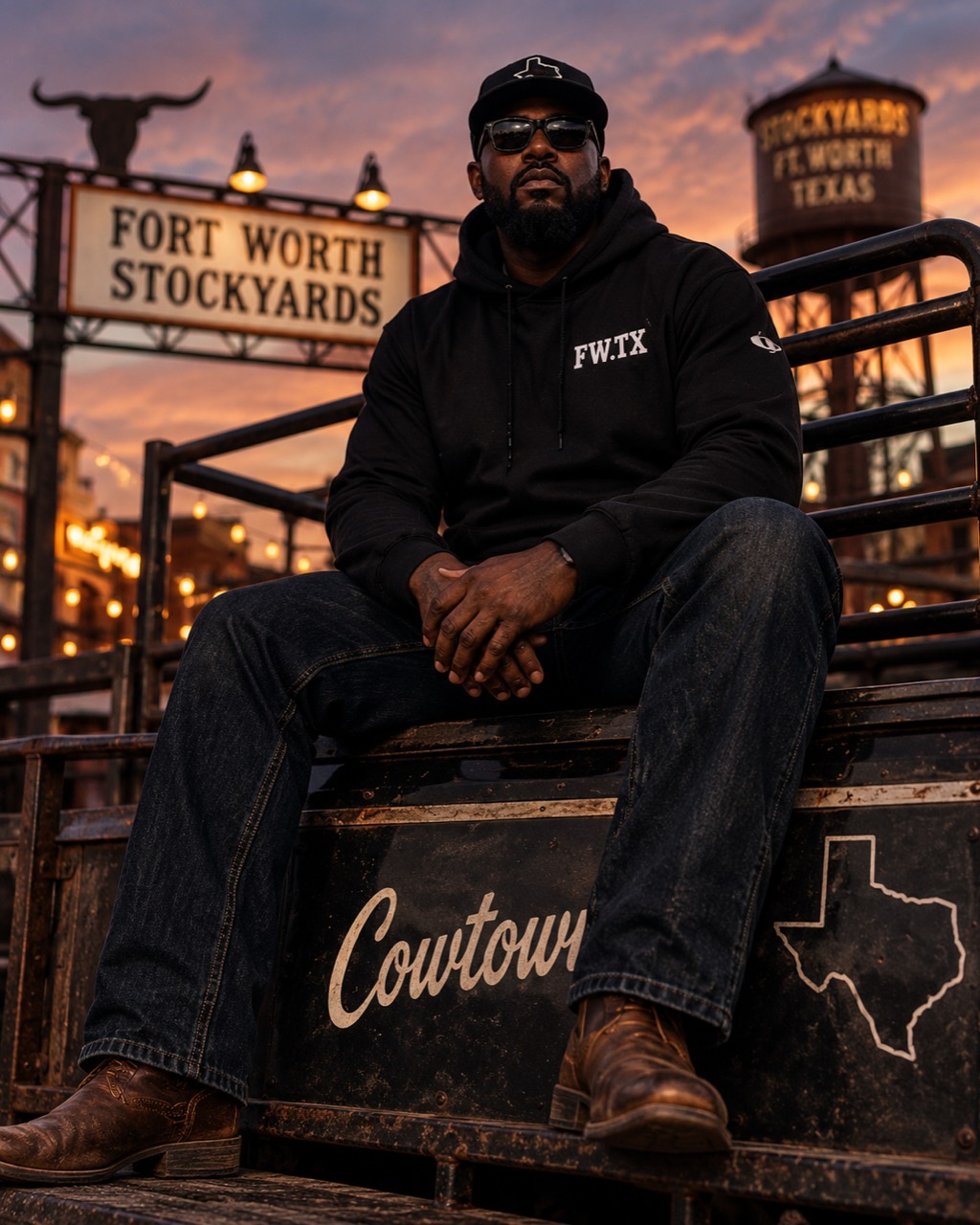 Jurelle wearing FW.TX apparel at the Fort Worth Stockyards